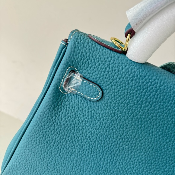 Teal Colbalt Bleu Jean 25 Leather Belted KL Bag w/ Gold HW Crossbody Satchel B13 - Picture 6 of 13